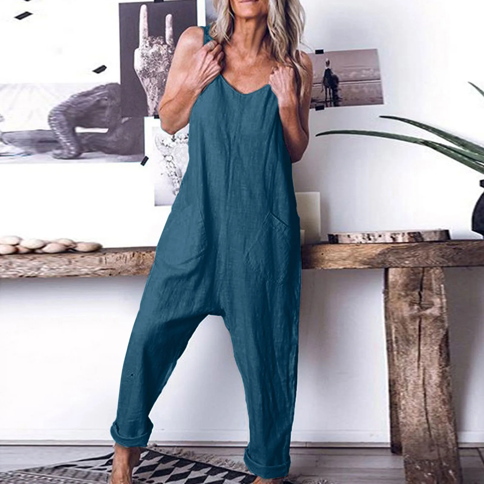 

Summer Jumpsuits Women Overalls Casual Loose Sleeveless Wide Leg V Neck Jumpsuit Solid Color Vintage Jumpsuit For Women Oversize