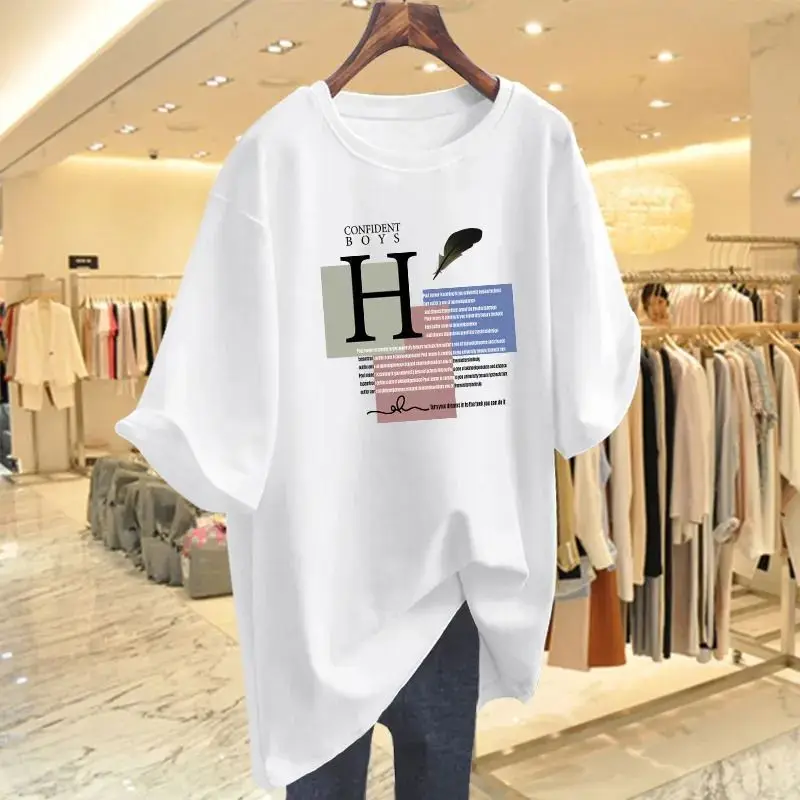 

Women Basics M-6XL Top Tee Lady H-letter Chic Printed Pullover Summer Short Sleeve Loose Crew Neck Pure Cotton Casual T-shirt