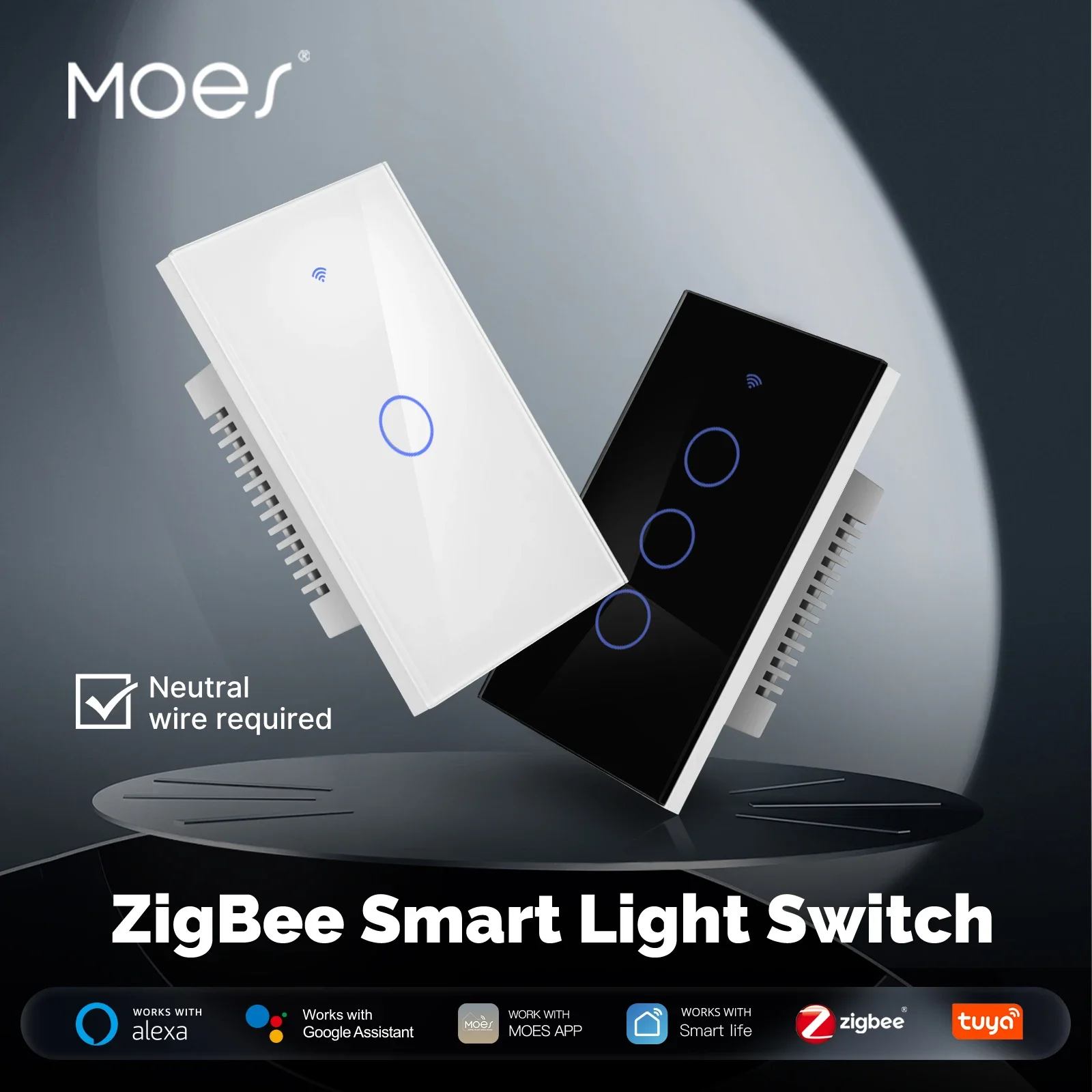 MOES Tuya ZigBee SmartLight Switch Touch Glass Panel Fireproof Neutral Wire Required Remote Control Work With Alexa Google Home