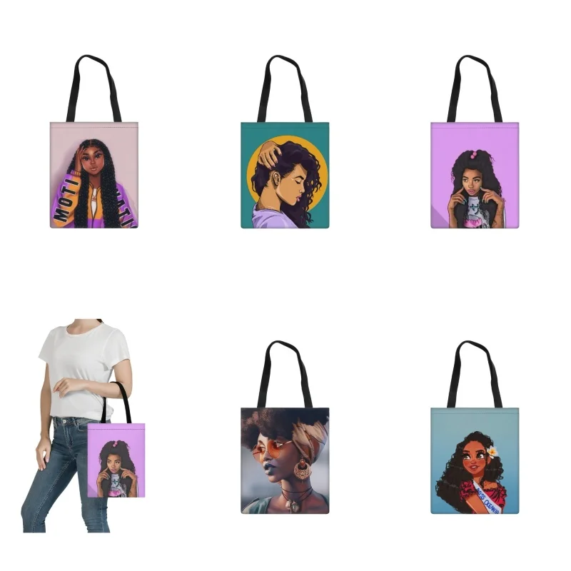 

Black Art African American Girl Canvas Shopping Messenger Bag For Ladies Reusable Designer Beach Handbags Student Cloth Pack