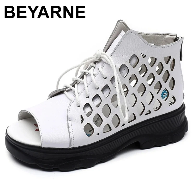 

Women Platform Sandals Summer Open Toe Roman Boots Women Genuine Leather Med Heels Hollow Out Sandals
