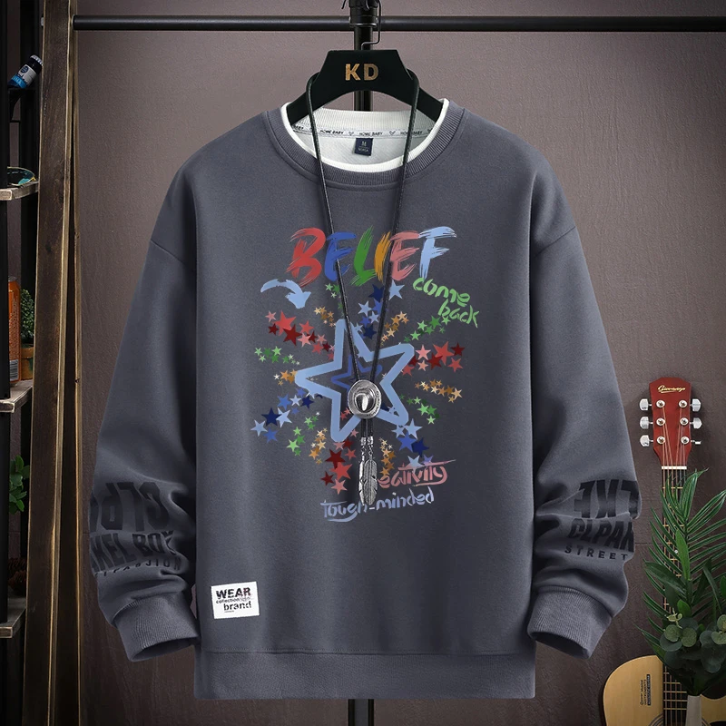 

Korean Starts Printed Sportswear Spring Men's Sweatshirt Long Sleeved O Neck T-shirt Harajuku High Street Top Men Clothing 2024