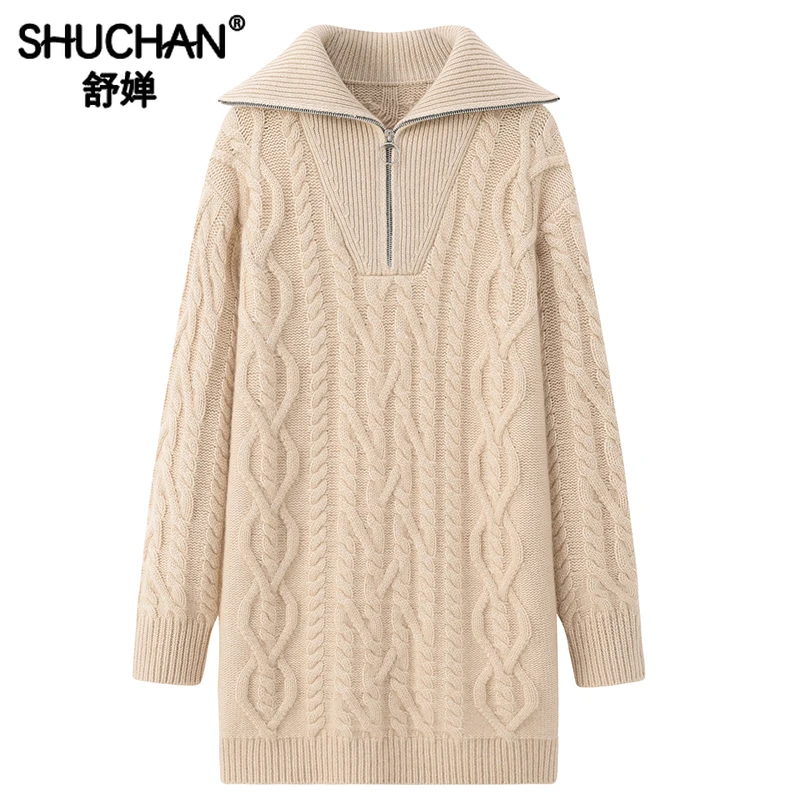 

Thick Warm 100% Cashmere New Winter Sweater Women Pullover Oversize Women Zippers Turn-down Collar LOOSE Long Pullover