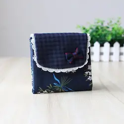 Sweet Floral Bow Sanitary Napkin Bag Hasp Foldable Cosmetic Bag Women Navy Blue Trinkets Storage Bag Pretty Lipstick Bag