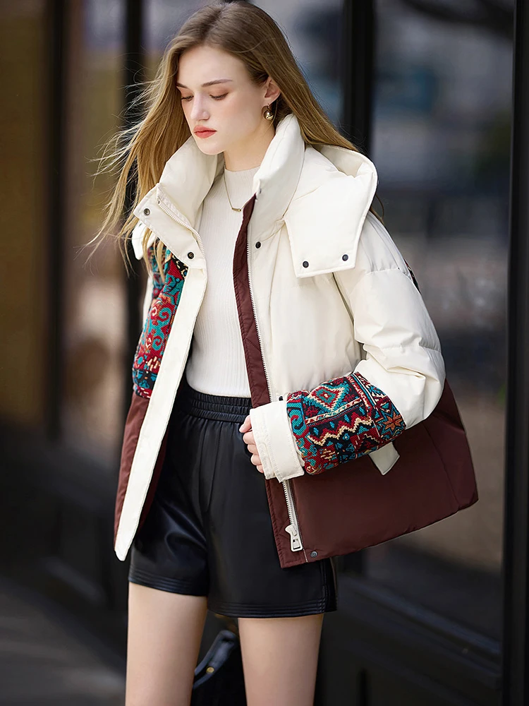 Winter Embroidery Hooded Patchwork Down Jacket Women White Duck Down Warm Jackets Female Thick Quilted Short Parka Outwears Coat