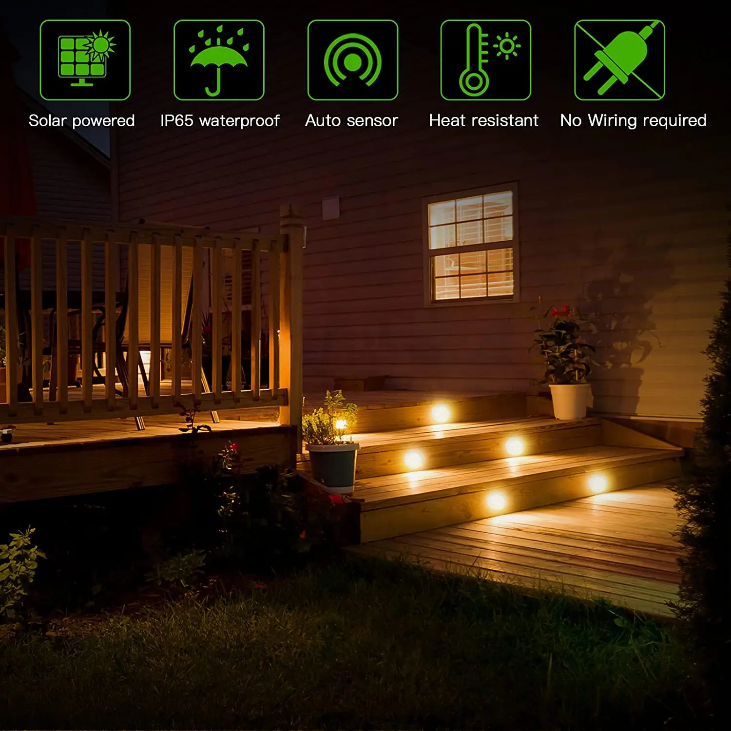 An image of a deck with Solar Ground Lights, environmentally friendly.