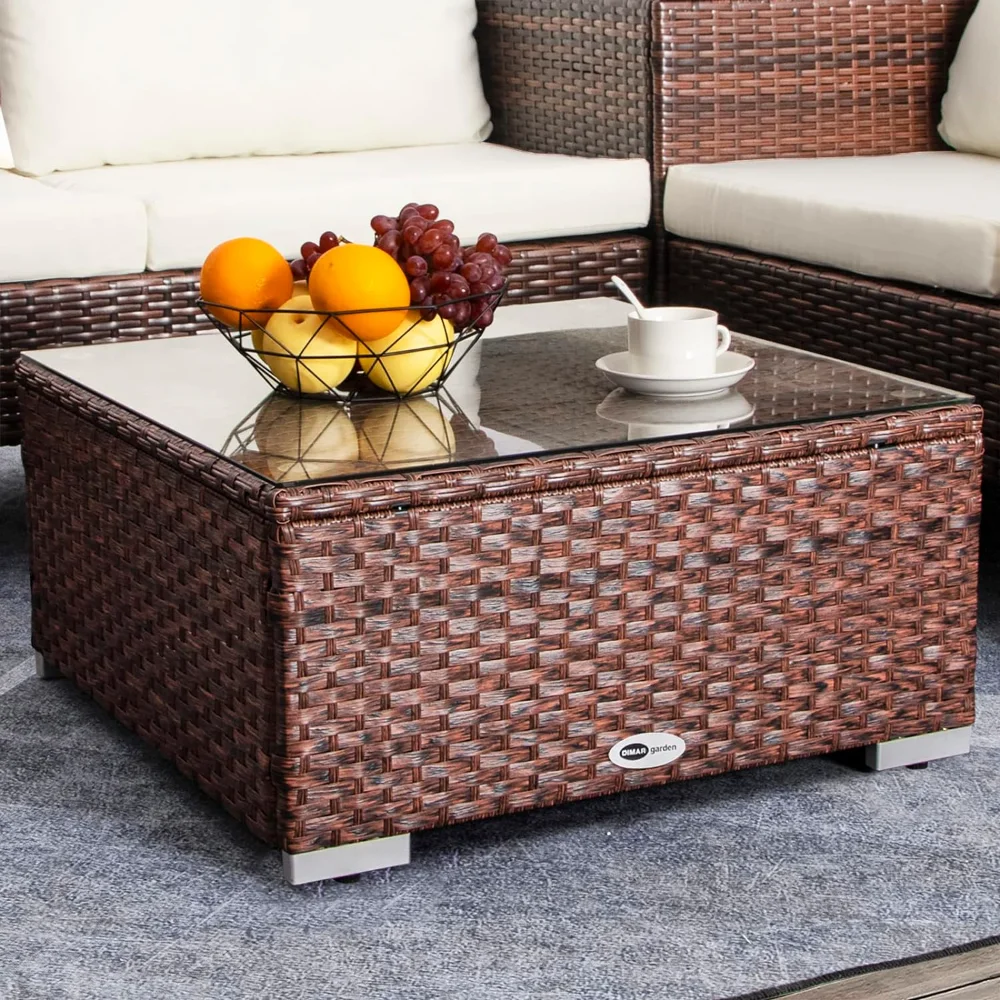 Outdoor Coffee Table for Patio Table Wicker Patio Coffee Table Lawn Garden Rattan Small Coffee Table with Glass Top All-Weather