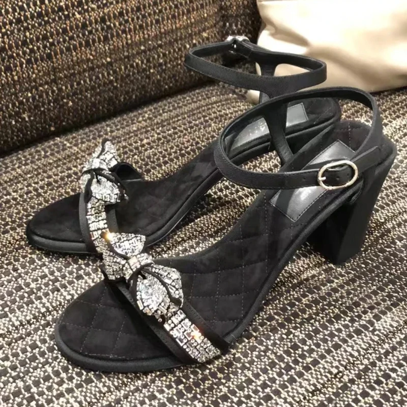 

Summer Rhinestone Bowtie Peep Toe Sandals Chunky Heel Ankle Strap Black Suede Cutout Shoes Women Crystal Bow Party Sandalias