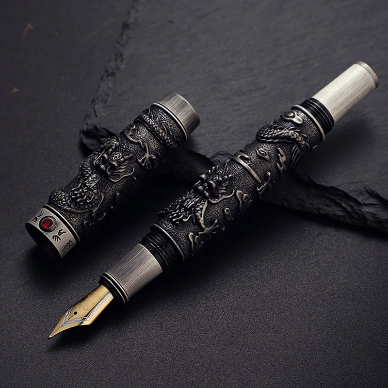 Jinhao Double Dragon Playing Pearl Goffratura Penna Stilografica Pesante Grigio Antico Pennino Largo Cancelleria Professionale Per Ufficio