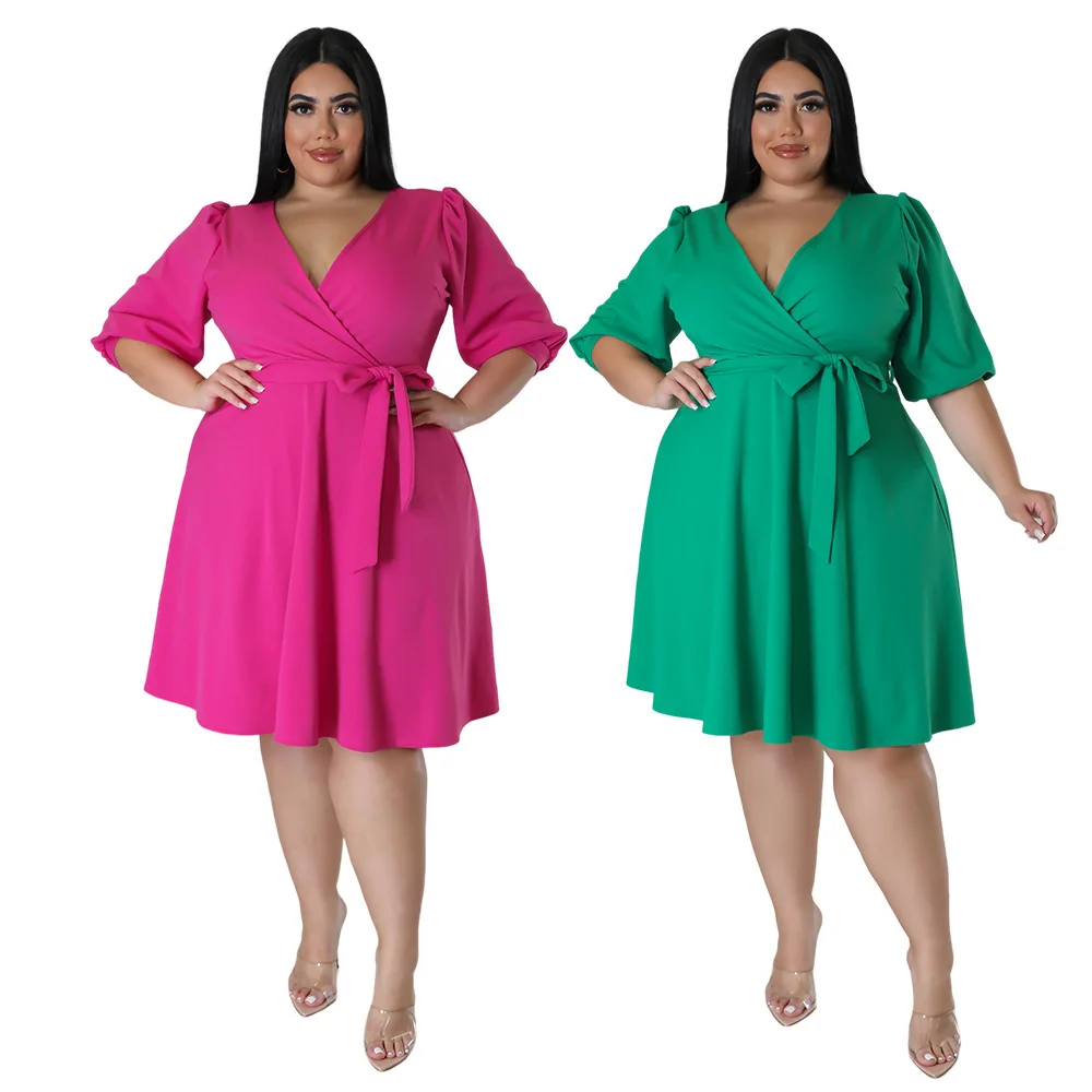 

Plus Size Woman Summer Short Sleeves Solid Party Casual Dress with Belt V Neck Elegant Simple Dresses Knee Length 5XL
