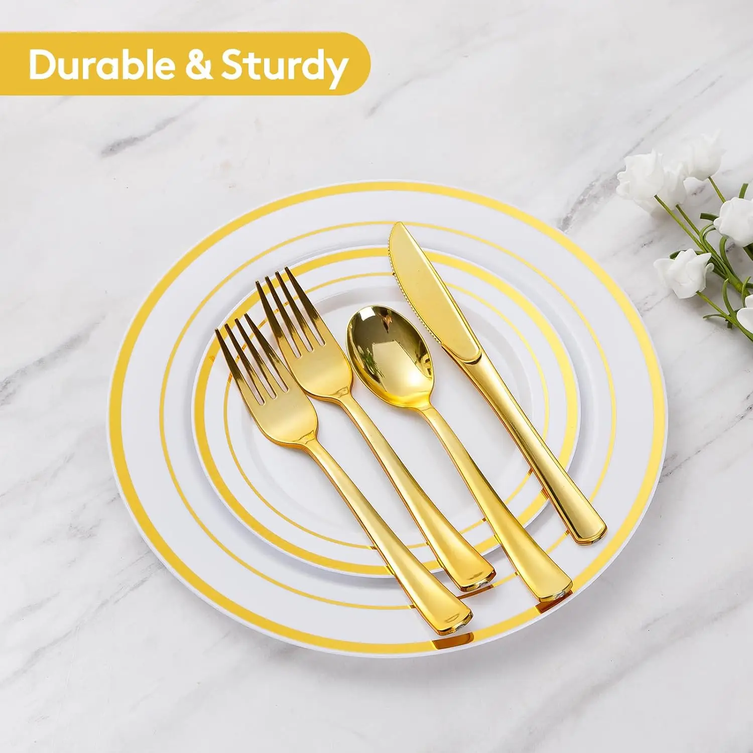 Goodluck 600 Pieces Gold Disposable Plates for 100 Guests, Plastic Plates for Party, Dinnerware Set of 100 Dinner Plates,