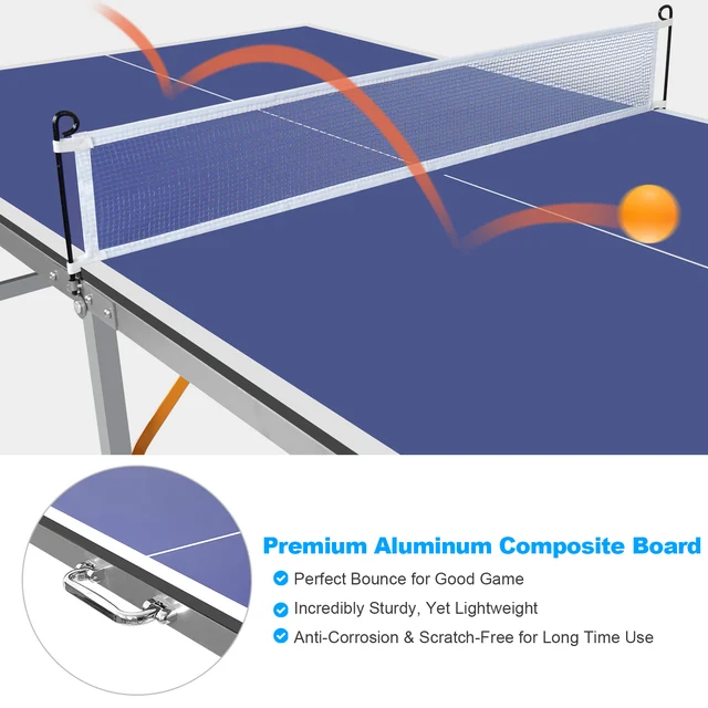 6 ft Blue Foldable Table Tennis Table Set, Portable Ping Pong Table with Net, 2 Paddles and 3 Balls