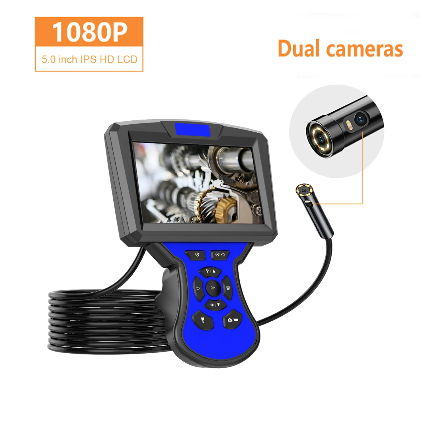 5Inch IPS Screen 2MP 1080P Dual Lens Endoscope CMOS Borescope  Side-View and Front View Water-proof IP66 Inspection Otoscope 3inch ips screen 2mp 1080p dual lens industrial endoscope camera cmos borescope side view