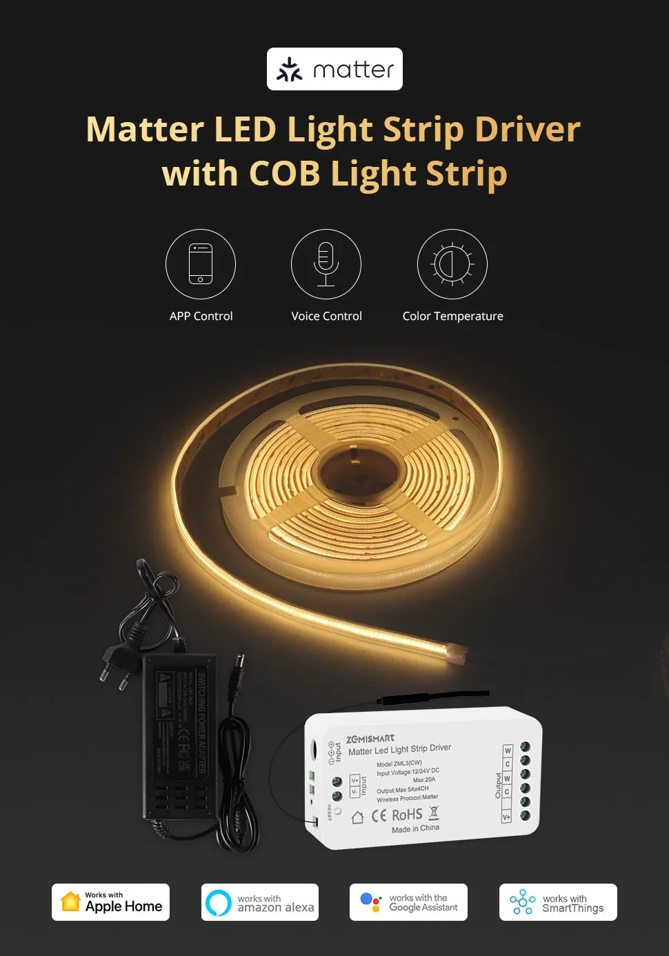 COB Led Strip Light CCT IP65 Matter WiFi Led Driver Alexa Google Home Smartthing