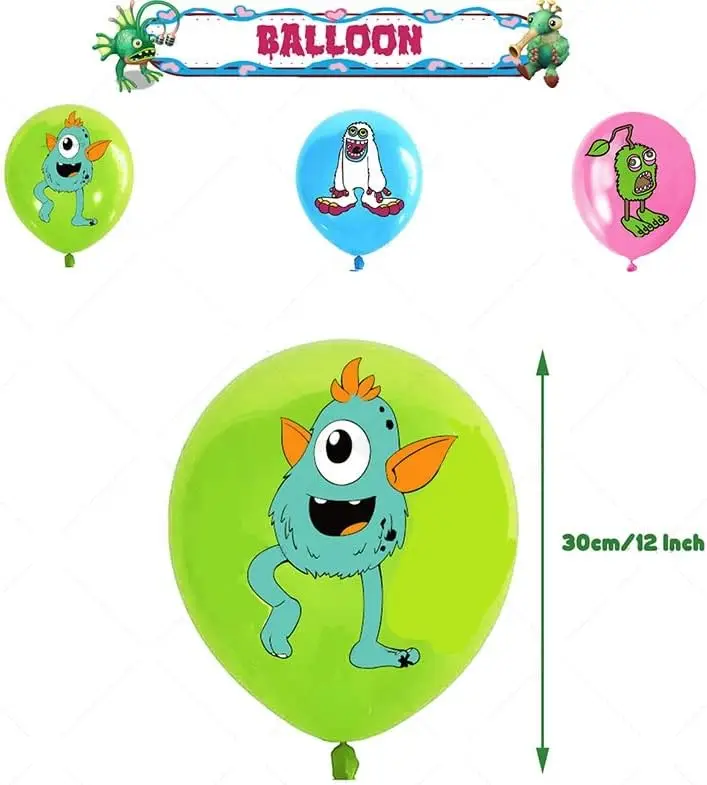 Description Picture 6 of itemMy Singing Monster Party Supplies Set, Favors Balloons, Cake Topper, Banner, Swirl Decoration, Birthday Party Decoration