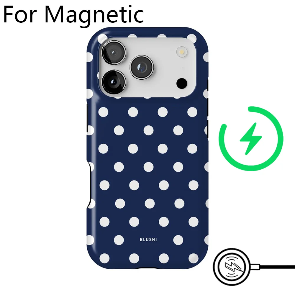 Luxury Blue Navy Polka Dot Magnetic Phone Case with Double-layer Back Cover