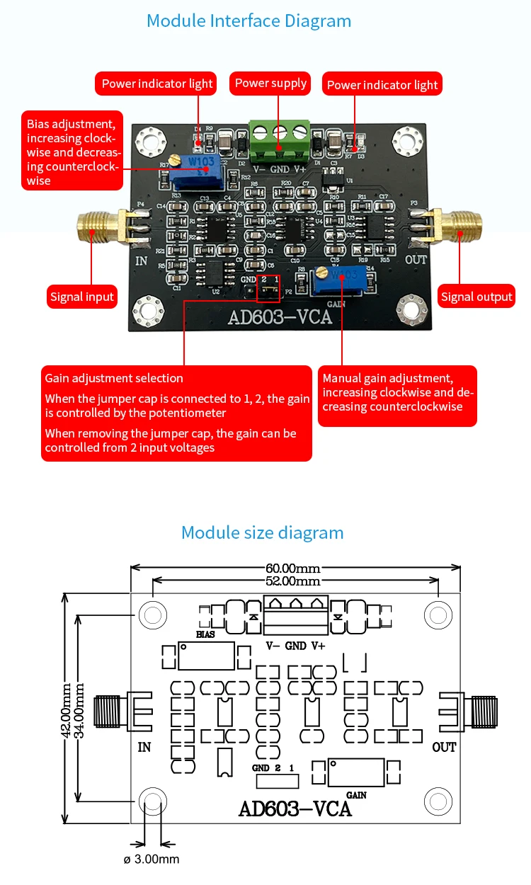 AD603 voltage controlled gain amplifier module VCA high bandwidth -20~60dB gain