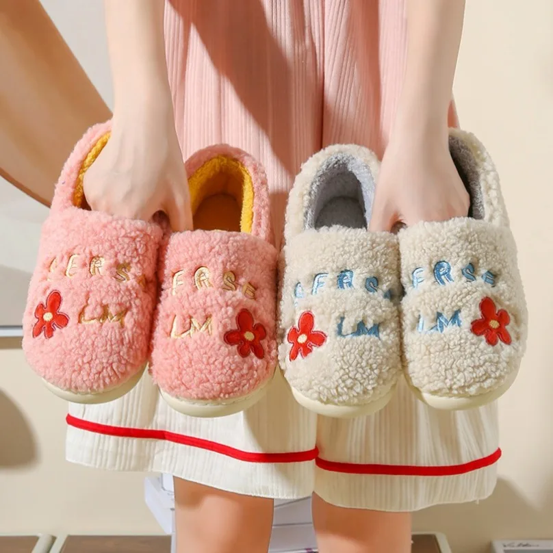 

Fuzzy House Slipper Women cute Floral Funny Winter Warm Fur Plush Non Slip Indoor Female Room Home Shoe Flat Man Male Footwear