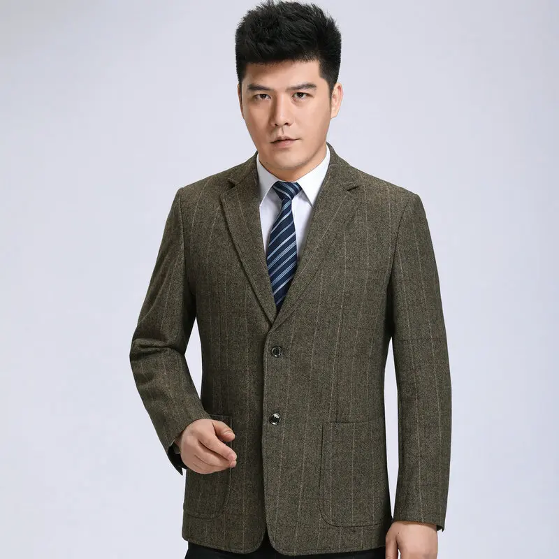 

Men Vertical Stripe Wool Blazer Camel Dark Gray Sheep Wool Suit Jacket Male Classical Oufits Winter Autumn Uniform Clothes 2024