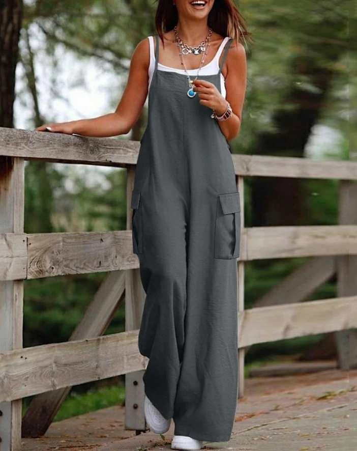 2024 Popular Women's Clothing Simplicity Casual Strap Square Neck Pocket Design Suspender Jumpsuit