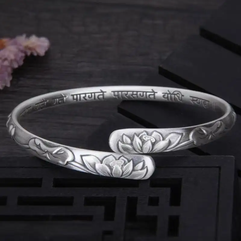 XIYANIKE Vintage Thai Silver Lotus Flower Cuff Bracelet For Women Girl Ethnic Fashion New Jewelry Party Lady Gift Pulseras Mujer - Image 3