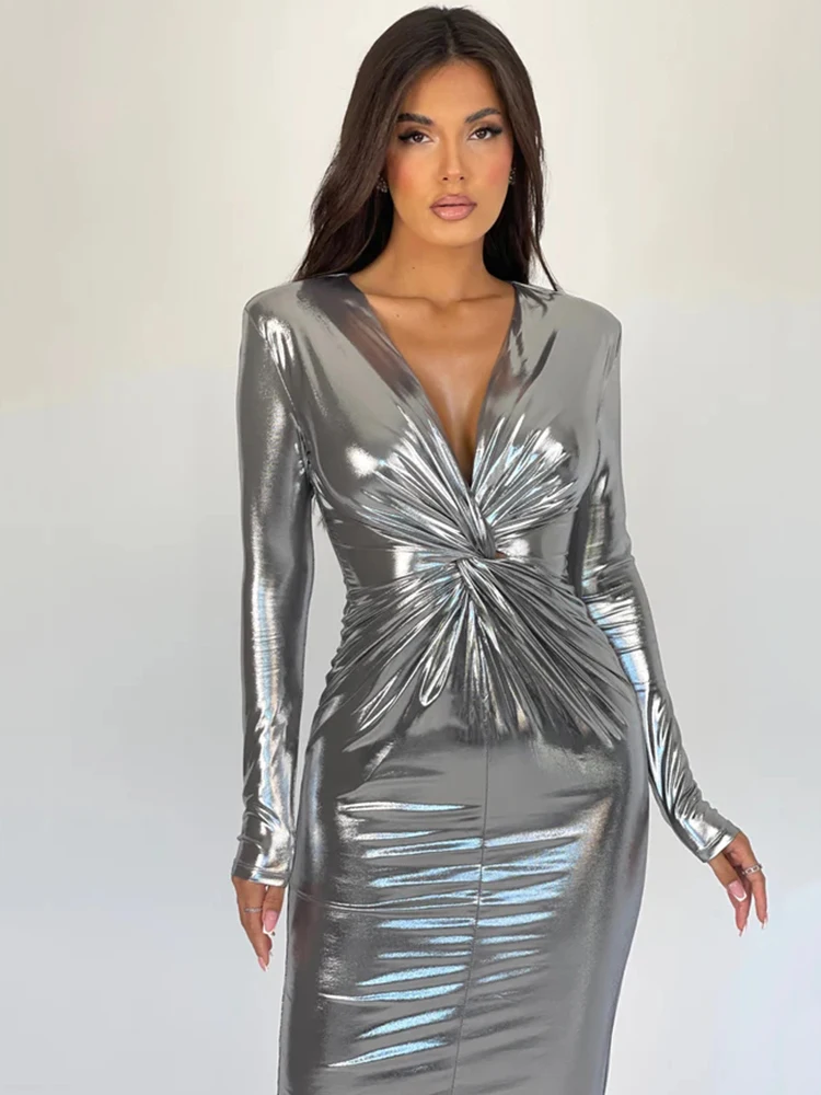 

Articat Winter Sexy Deep V Long Sleeve Dress For Women Bodycon Pleated Metal Maxi Dress Elegant Party Club Evening Vestidos 2024