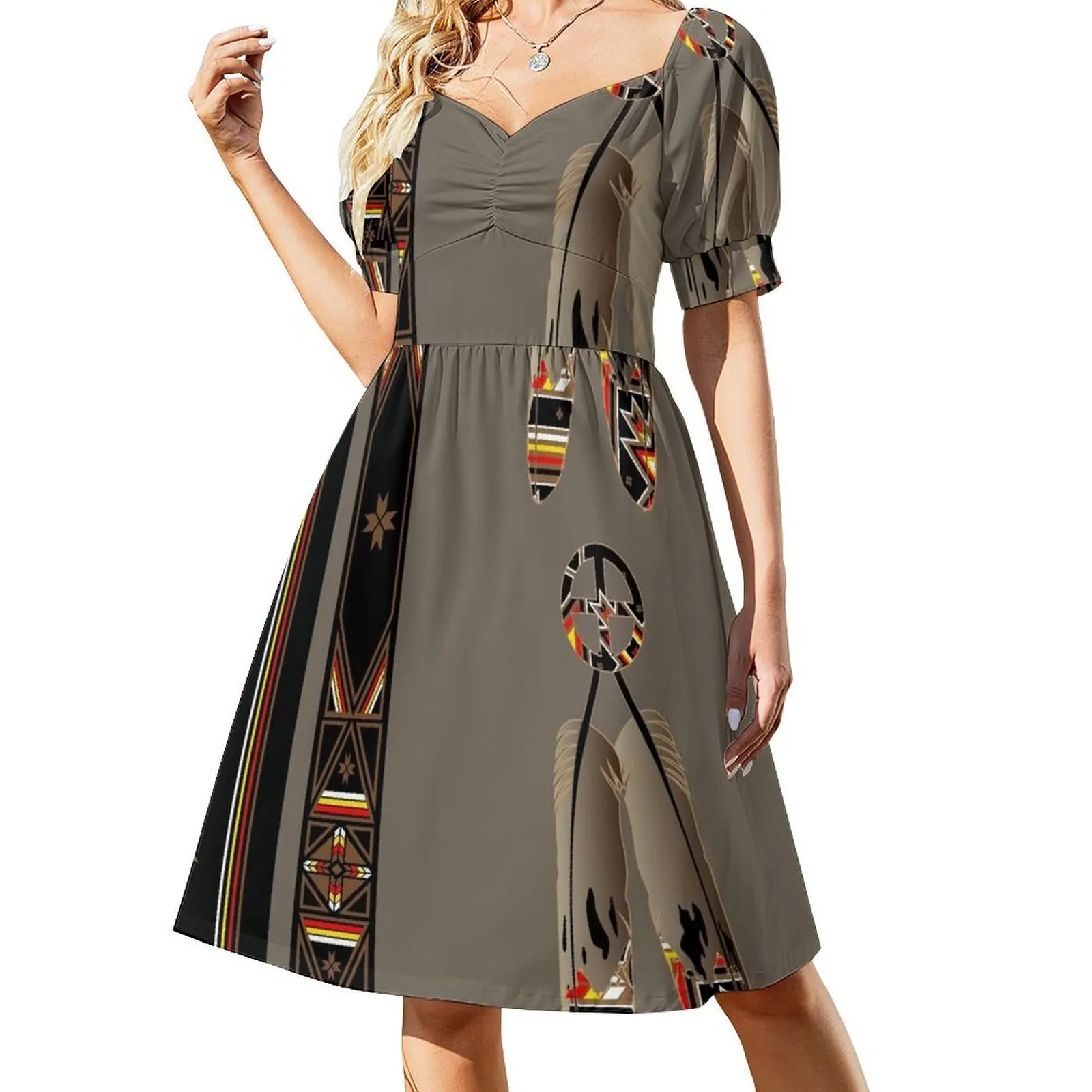 thumbnail image 1 of Vestido elegante de manga corta con diseño Lakota, vestido de mujer, falda de verano para mujer, 1 of 7