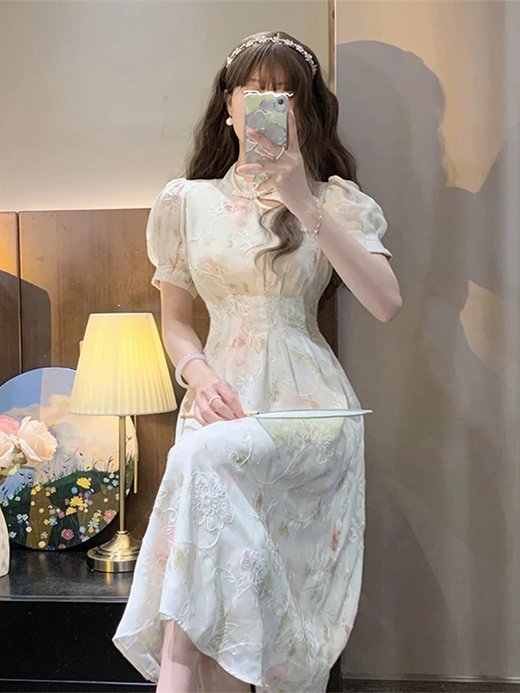 

Summer Women Fashion Vintage Midi Dress Elegant A Line Vestdios Female Party Clothes