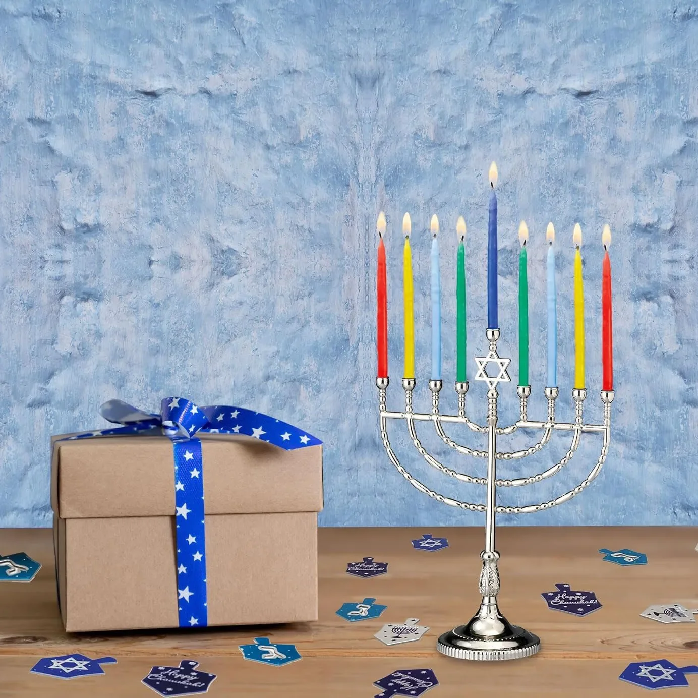 Judaica 7 Branch Traditional Jerusalem Menorah Enamel Finish Candlestick Candle Holders