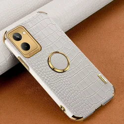 Luxury PU Leather Phone Case with Ring Holder and Silicone Protection for Realme 9i 4G (White)