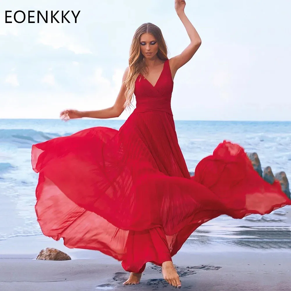 

Simple A-line Evening Dresses Deep V-neck Chiffon Pleated Open Back Beach Party Dress Elegant Women's Formal occasion Prom Gowns