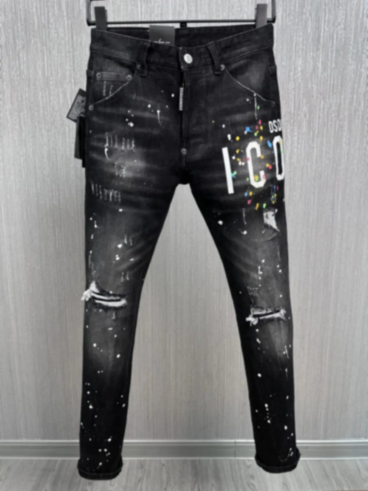 2023 Spring/Summer New D2 Jeans Fashion Men's Wash and Wear Patches Versatile Micro Elastic Slim Fit Black Denim Pants Men