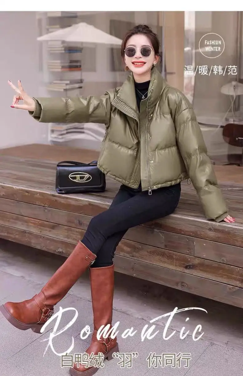 Solid Color Windproof Cropped Puffer Jacket Women Winter Thick Short Coat Warm Coat Fluffy Parka Vintage Tops Women's Clothing