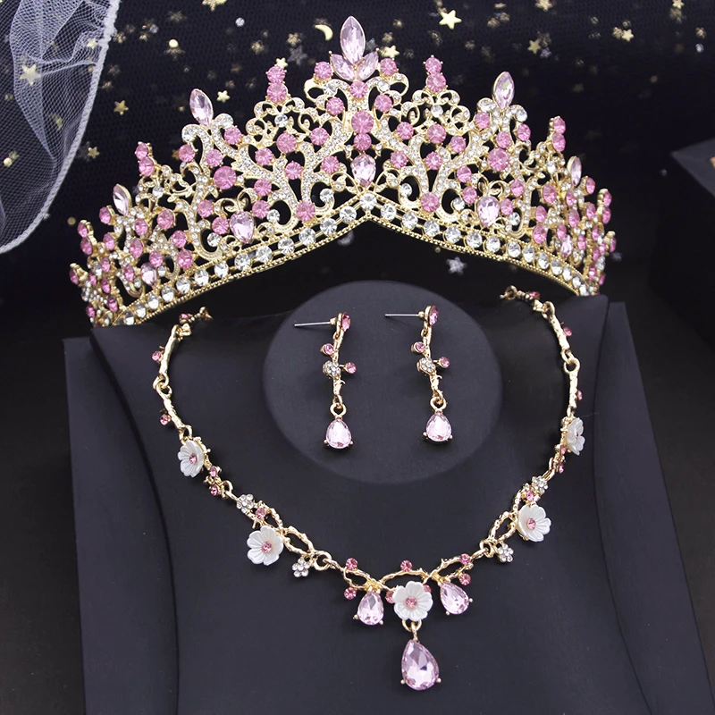 

Royal Queen Bridal Crown Sets Pink Rhinestone Crystal Wedding Dress Hair Jewelry Party Tiaras Flower Jewelry Sets Accessories