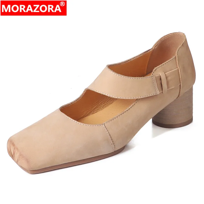 

MORAZORA Genuine Leather Shoes Women Pumps Mary Janes Round High Heels Square Toe Solid Color Fashion Office Dress Shoes