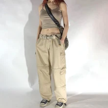 

WeiYao Khaki Solid Low Waist Streetwear Cargo Pants Vintage 90s Baggy Wide Leg Trousers Women Korean Fashion Casual Sweatpants