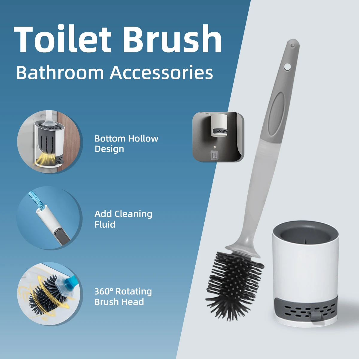 Toilet Brush Holder Set Silicone Toilet Brush with Refillable Handle Dispenser