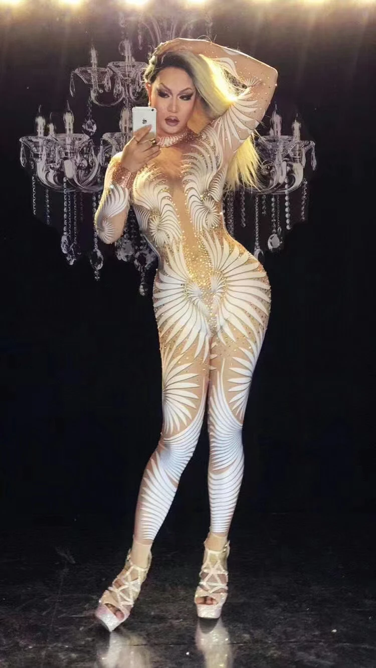 Sexy Geometric patterns Jumpsuit Sparkly StonesBodysuit Stage Wear bar singer women dancecostume   B110