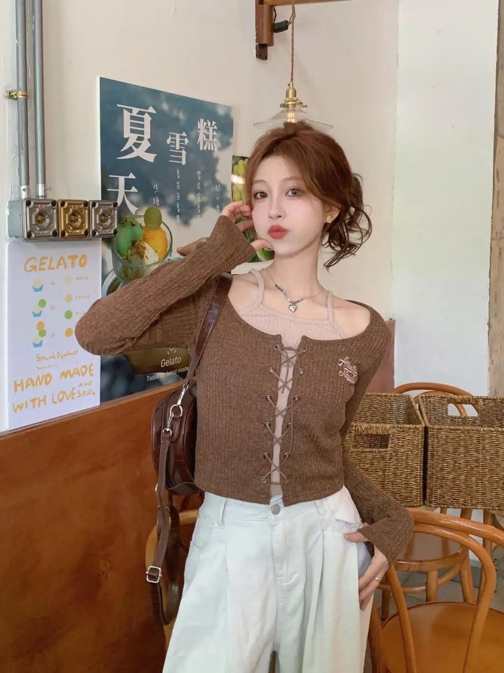 

Fake Two-piece Embroidered Spice Girl Lace-up Slim-fit Slim-fit Base Shirt Long-sleeved Top for Women