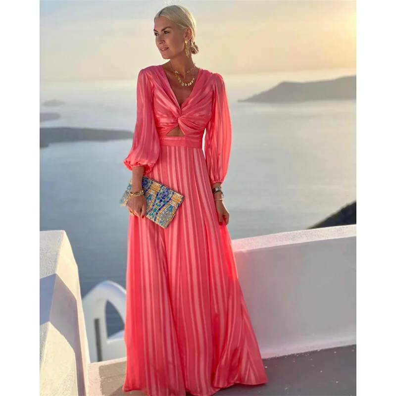 

Elegant Long Sleeve V Neck Pleated Long Dress Women Sexy Bell Sleeve Deep V Hollow Slit Dress Ladies Fashion Solid Loose Dresses