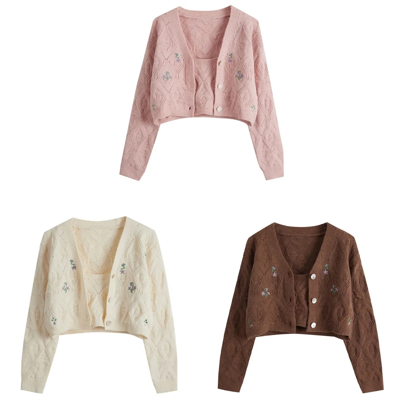 Womens Autumn Long Sleeve Button Hollow Knit Cardigan 2 Pieces Pullover Crop for Tank Top Floral Embroidered Sweater Set
