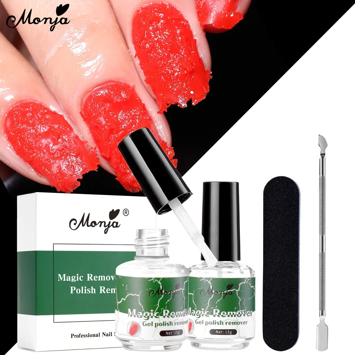 

Monja 15ml Magic UV Gel Polish Remover Strong Burst Soak Off Cuticle Pusher Sanding File Fast Removal DIY Manicure Care Tool Kit