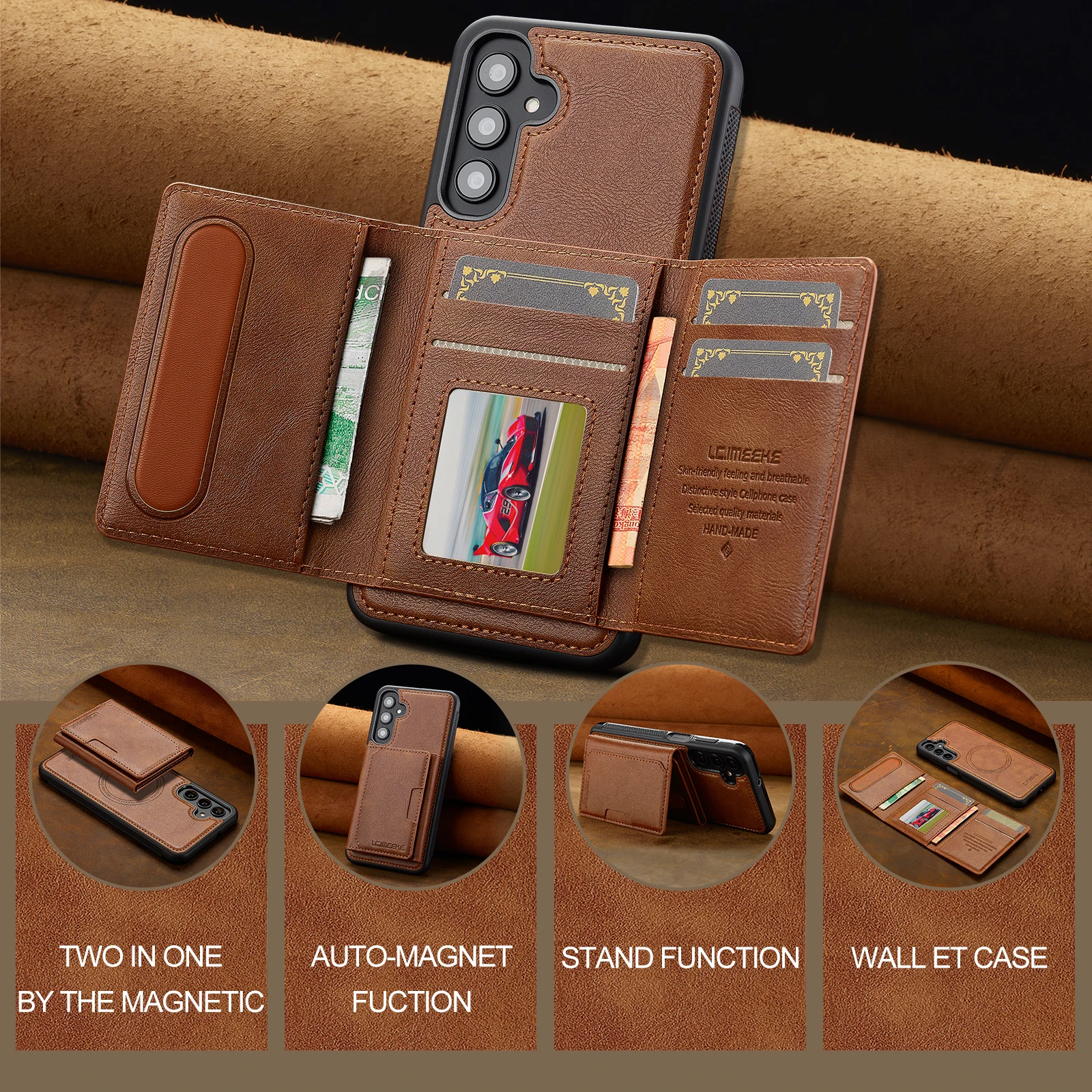 Premium Detachable Magnetic Wallet Stand Case - PU Leather Cover