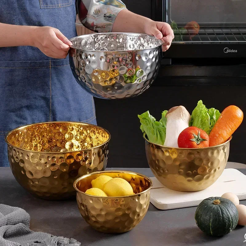 Stainless Steel Dish Gold /Silver Stainless Steel Hammer Point Fruit Bowl Salad Plate Egg Pot Thickened Baking Mixing Cooking Bowl Creative Decoration