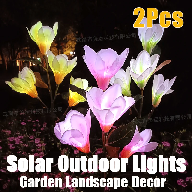 2Pcs Solar Outdoors Lights Courtyard Waterproof Villa Garden Landscape Decoration LED Lawn Floor Insertion Magnolia Flower Lamps