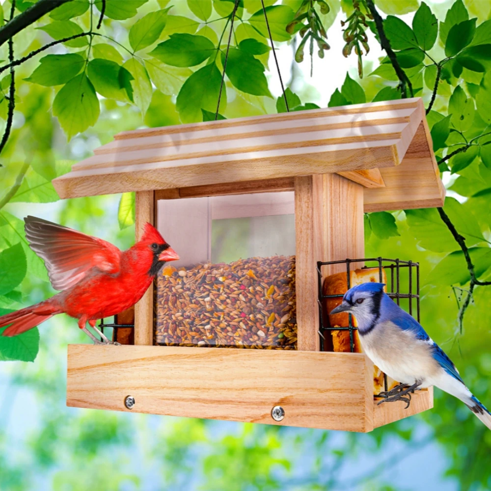5.5LB Wooden Bird Automatic Feeder Food Feeding Tool Hanging Outdoor Birds Feeder Large Feeding House Large Bird Food Container