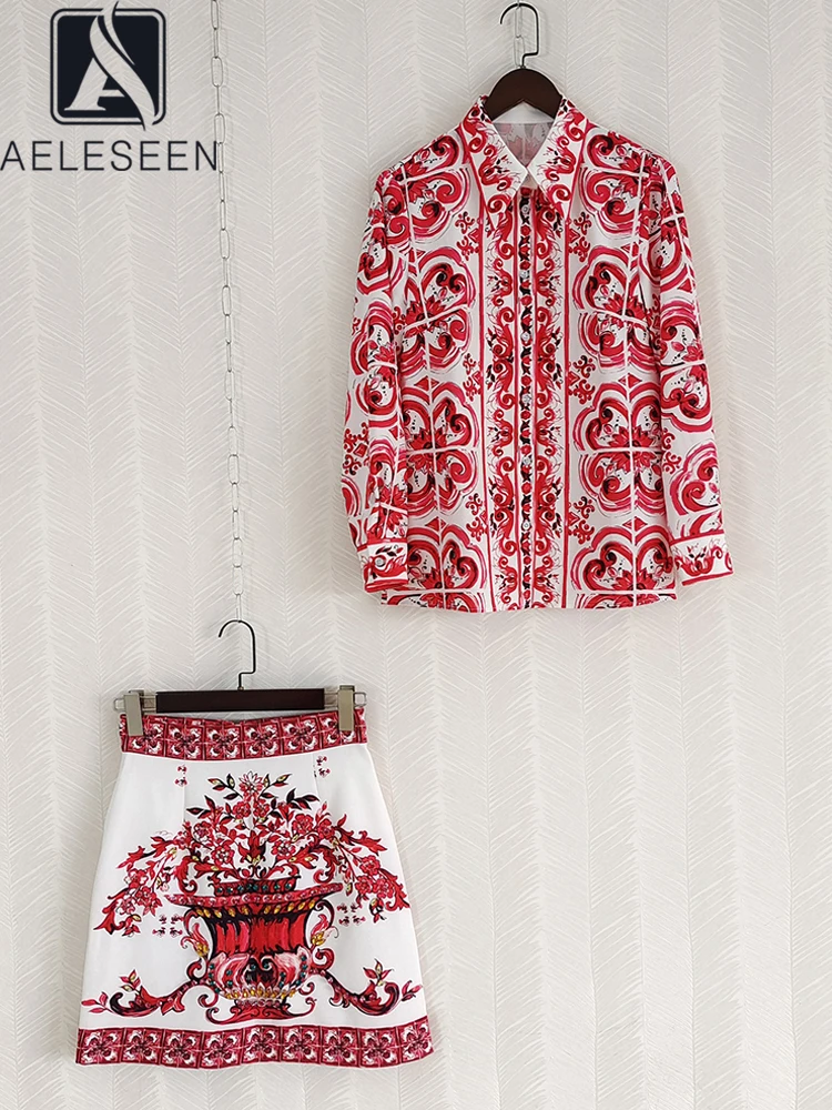 

AELESEEN Women Sicilian Spring Summer Set Designer Fashion Red Porcelian Print Flower Blouse + Jacquard Beading Crystal Skirt