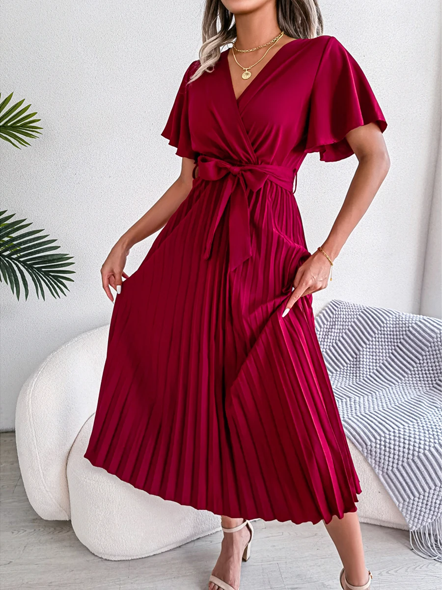 

Women Pleated Midi Long Dress V Neck Short Flounce Sleeve Pleated Dress Elegant Belted Big Hem Solid Color Midi Dress