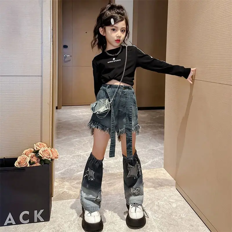 Fashion Kids Top Jeans Crop Top Baby Girl Black Ripped Jeans