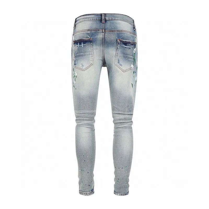Street Fashion Men Jeans Retro Washed Blue Elastic Stretch Skinny Painted Ripped Jeans Men Patched Designer Hip Hop Brand Pants